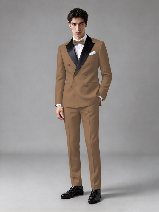 Men's Brown Double-Breasted Satin Peak Lapel Tuxedo Suit Set (Jacket + Trousers) - Brown