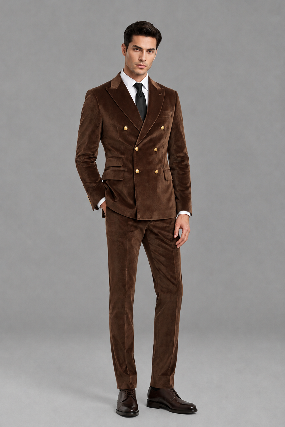 Savile Men's Brown Velvet Double-Breasted 2-Piece Suit Set | Peak Lapel Blazer & Trousers - Brown