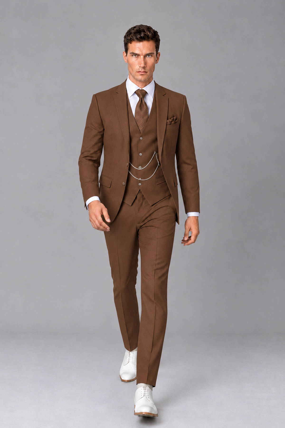Savile Brown 3-Piece Suit with Notch Lapel & Chain Vest - Brown