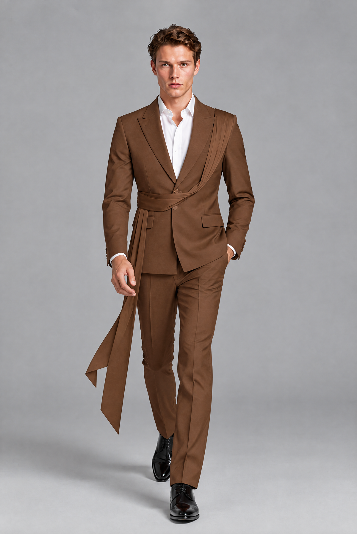 Men's Brown Draped Sash Suit – Peak Lapel 2-Piece Slim Fit Party, Gala & Wedding Set - Brown