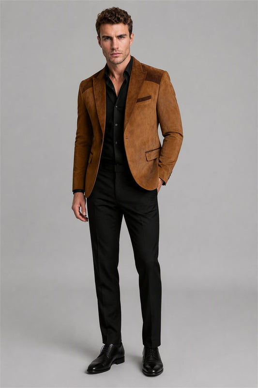 Men's Brown Velvet Contrast Blazer - Front Full Length | Savile AA0001