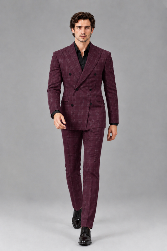 Savile Men's Rust Plaid 2-Piece Double-Breasted Suit – Peak Lapel Slim-Fit Jacket & Trousers Set - Burgundy - Burgundy