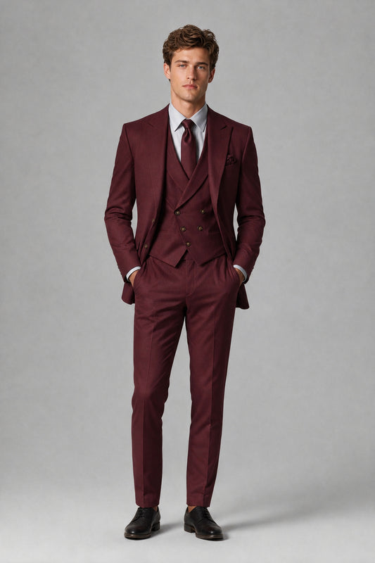 Savile Men's Dusty Burgundy 3-Piece Suit – Jacket, Vest & Trousers | QX0113 - Burgundy