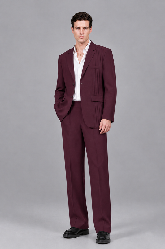 Savile Men's Burgundy Pleated 2-Piece Suit Set | Notch Lapel Blazer & Tailored Trousers - Burgundy - Burgundy_2