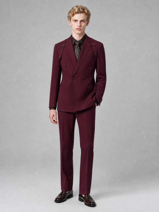 Men's Light Burgundy Double-Breasted Slim Fit 2-Piece Suit – Peak Lapel Wedding & Business Formal Set - Burgundy - Burgundy_2