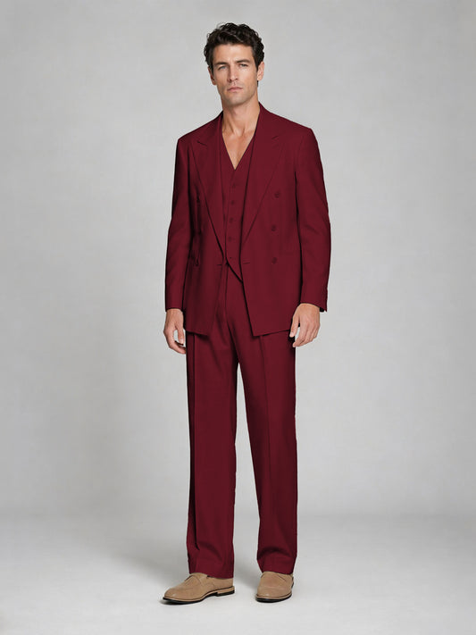 Men's Burgundy Double-Breasted 2-Piece Suit – Peak Lapel Wedding & Beach Formal Set with Vest - Burgundy