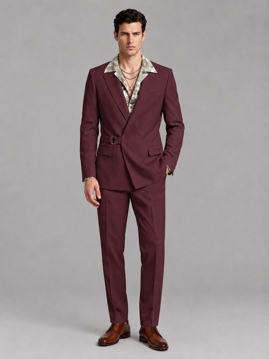 Savile Men's Burgundy Belted Wrap 2-Piece Suit – Peak Lapel Blazer & Tailored Trousers - SUC060 - Burgundy - Burgundy_2