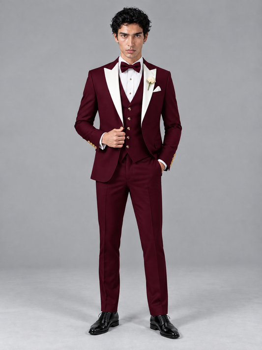 Savile Men's Burgundy Contrast White Peak Lapel 3-Piece Tuxedo Suit - Burgundy