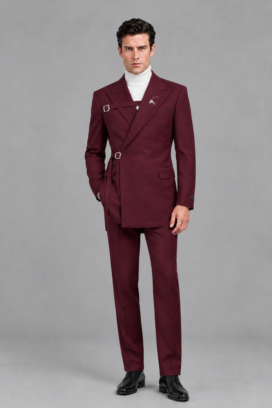 Savile Men's Burgundy Double Buckle Wrap Belted 2-Piece Suit Set – Peak Lapel Slim-Fit Jacket & Trousers - Burgundy - Burgundy_2