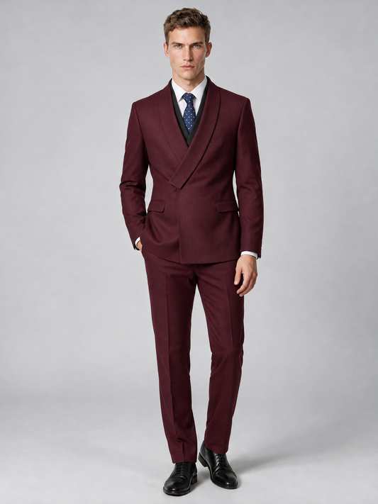Savile Men's Burgundy Wrap Shawl Lapel 2-Piece Suit Set – Modern Jacket & Trousers - Burgundy - Burgundy_2