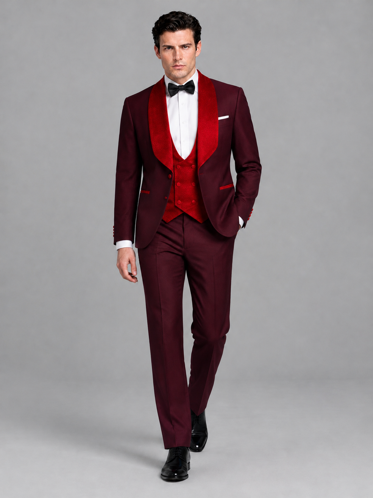 Savile Men's Burgundy 3-Piece Tuxedo Suit Set – Contrast Red Shawl Lapel Blazer, Red Waistcoat & Trousers - SUC020 - Burgundy