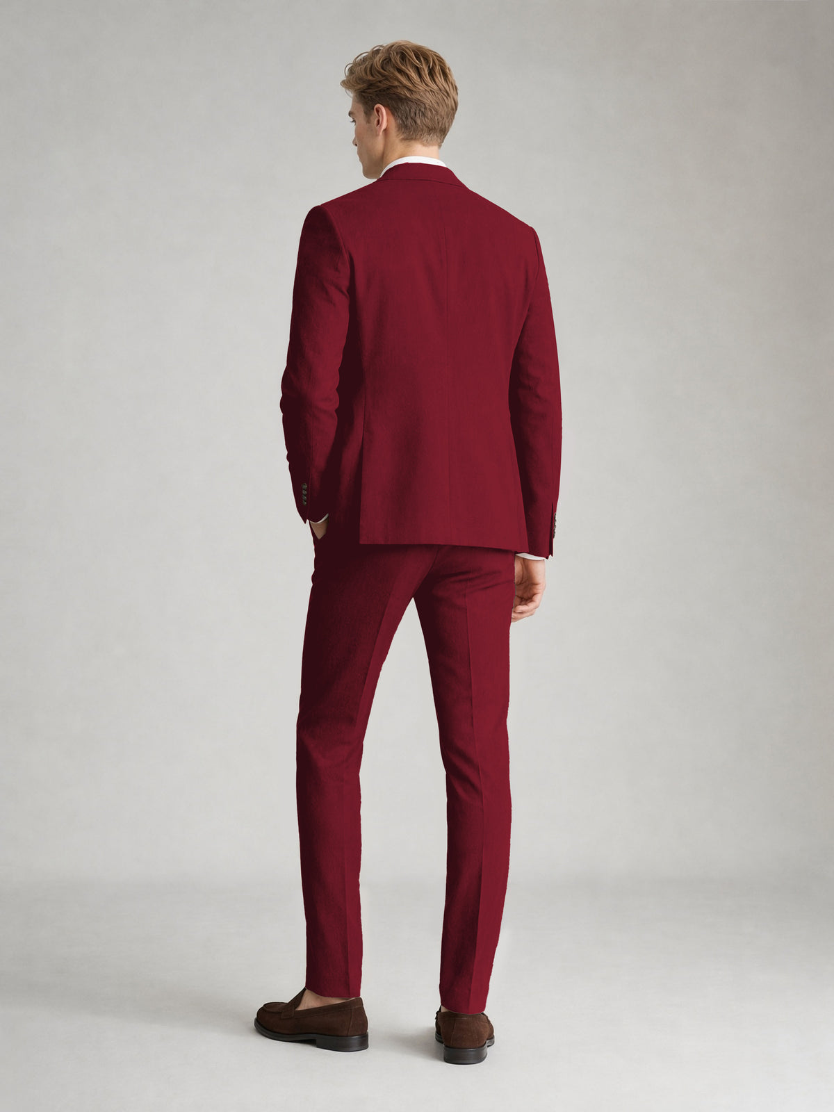 Savile Men's Sand Khaki Linen-Blend 2-Piece Suit Set – Two-Button Notch Lapel Slim-Fit Blazer & Slim Trousers - Burgundy - Burgundy