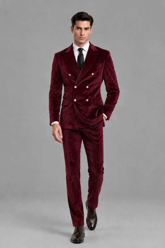 Savile Men's Burgundy Velvet Double-Breasted 2-Piece Suit Set | Peak Lapel Blazer & Trousers - Burgundy