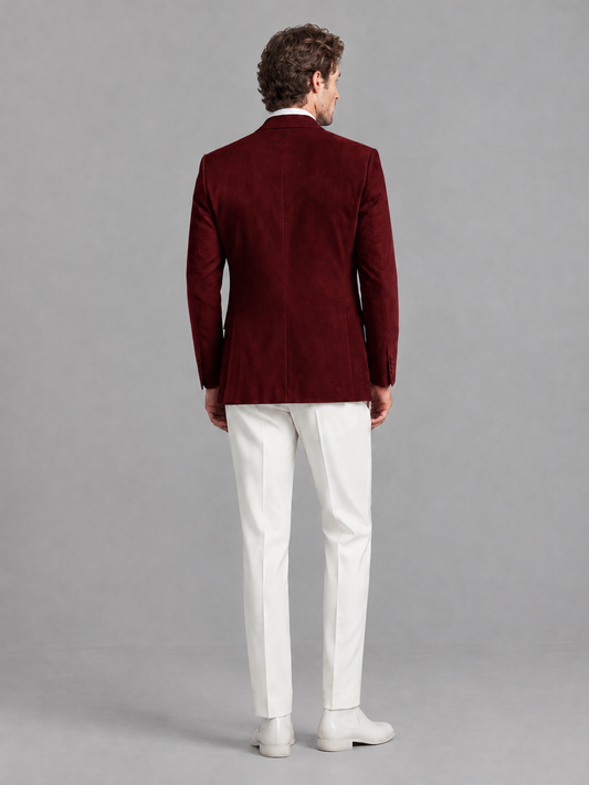 Savile Men's Burgundy Velvet Shawl Lapel 2-Piece Tuxedo Suit Set | Jacket & White Trousers - Burgundy - Burgundy (2)