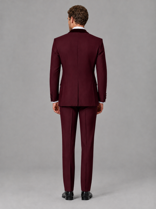 Savile Men's Burgundy Velvet Shawl Lapel Tuxedo Suit – Modern Side-Buckle Dinner Jacket & Trousers 2-Piece Set - Burgundy