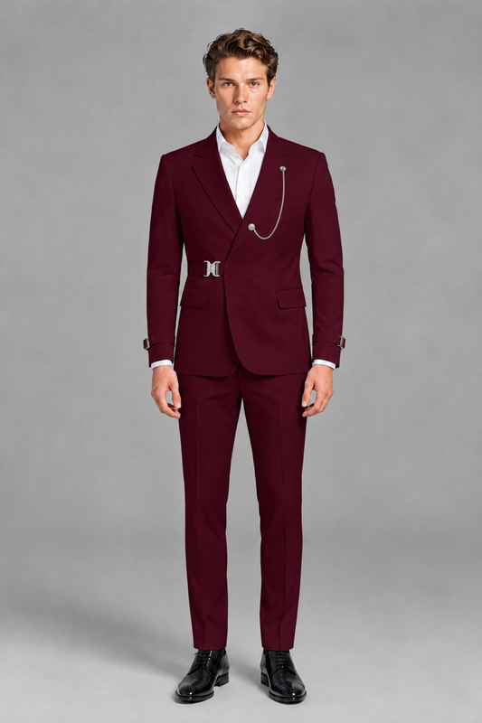 Savile Men's Burgundy Buckle-Closure 2-Piece Suit Set | Peak Lapel Blazer & Trousers - Burgundy