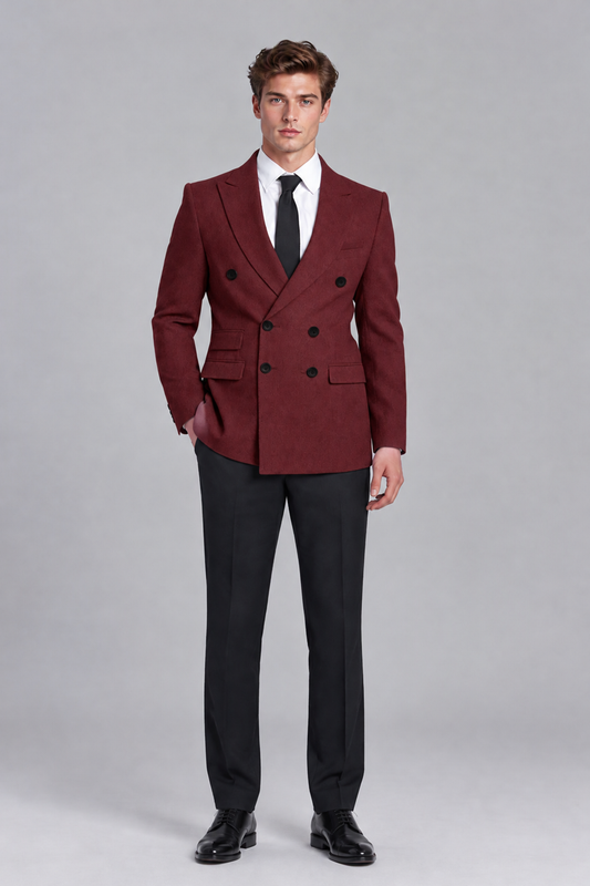 Savile Men's Burgundy Double-Breasted Peak Lapel Blazer - Burgundy