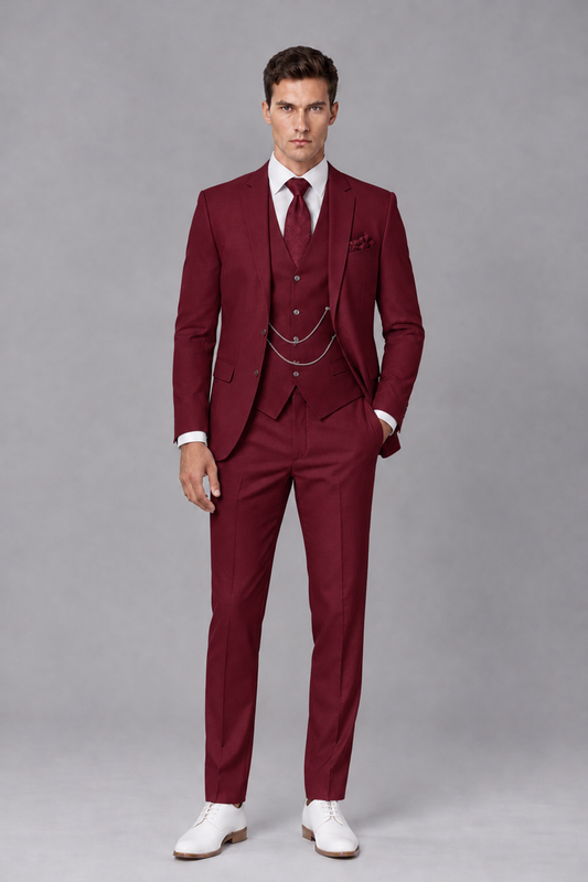 Savile Burgundy 3-Piece Suit with Notch Lapel & Chain Vest - Burgundy