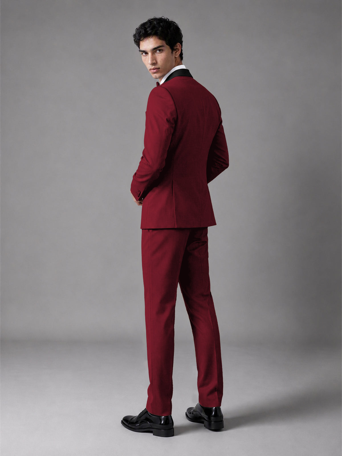 Men's Burgundy Double-Breasted Satin Peak Lapel Tuxedo Suit Set (Jacket + Trousers) - Burgundy