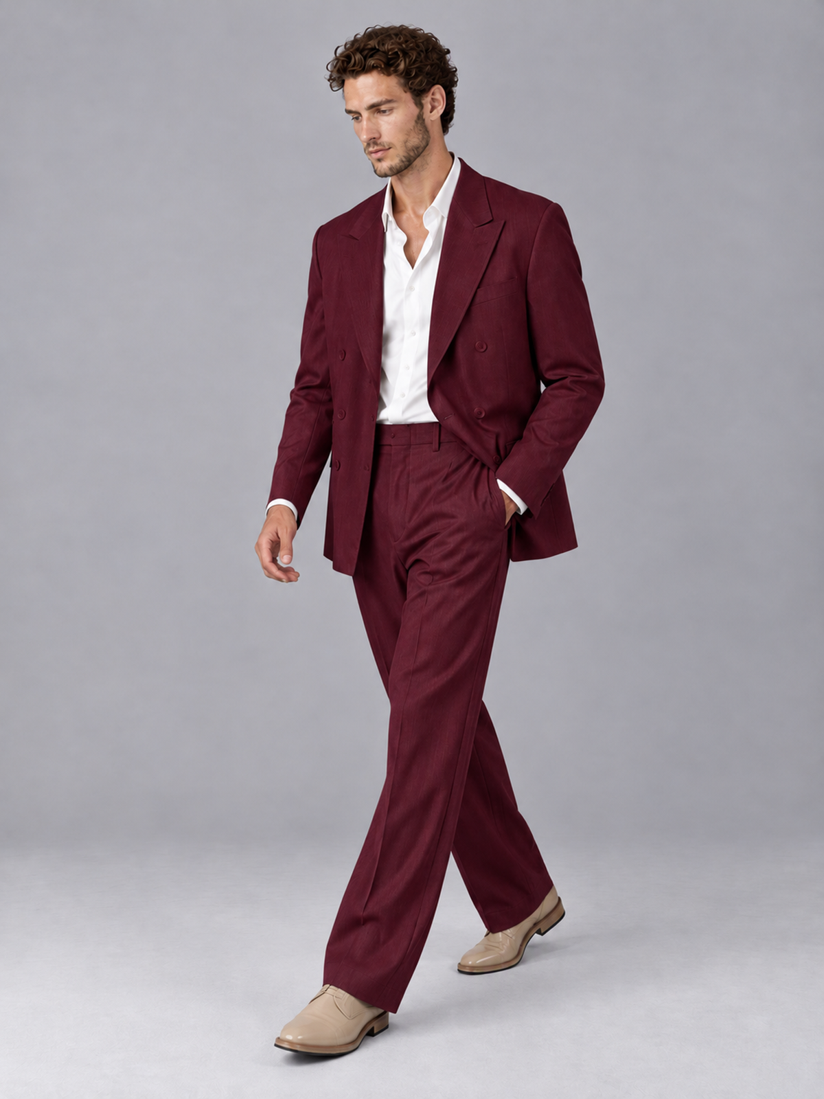 Savile Burgundy Beige Double-Breasted 2-Piece Suit with Peak Lapel - Burgundy