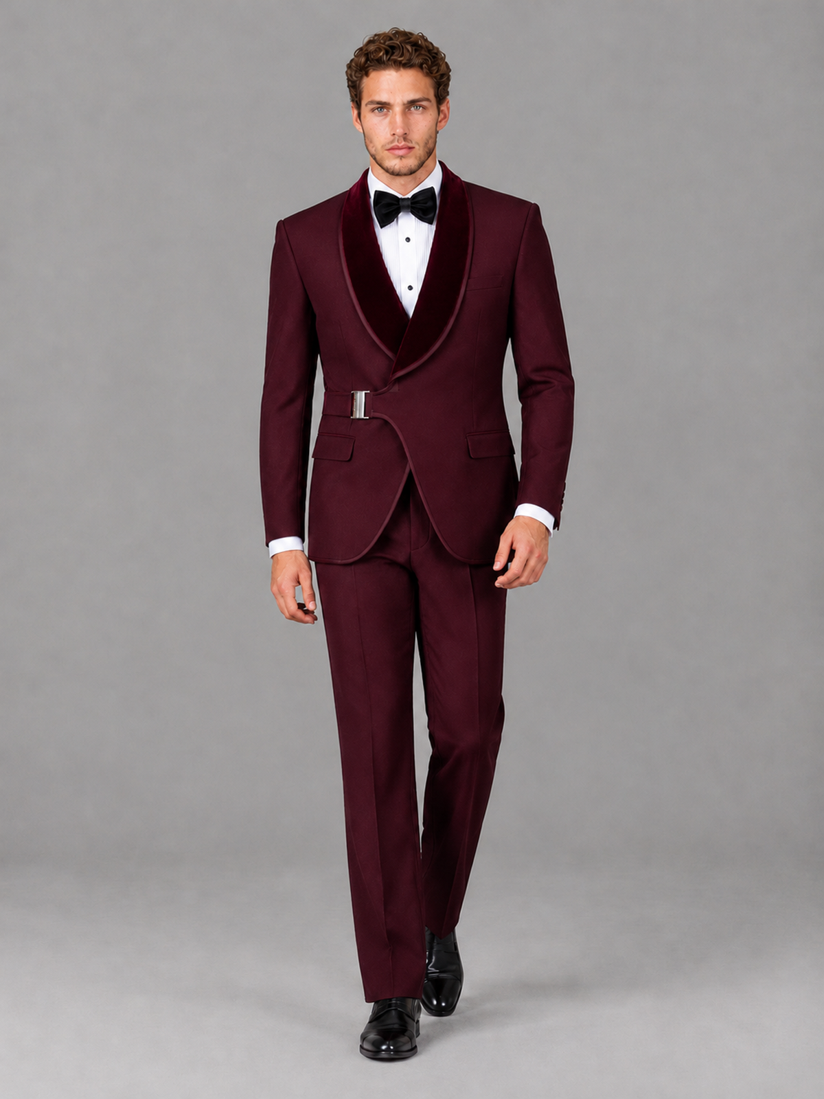 Savile Men's Burgundy Velvet Shawl Lapel Tuxedo Suit – Modern Side-Buckle Dinner Jacket & Trousers 2-Piece Set - Burgundy