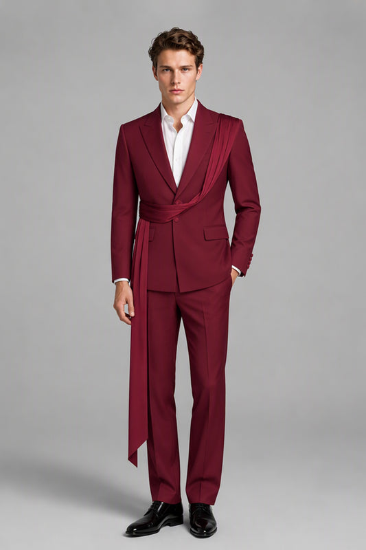 Bolodoo Men's Burgundy Draped Sash Suit 2-piece set front full body view