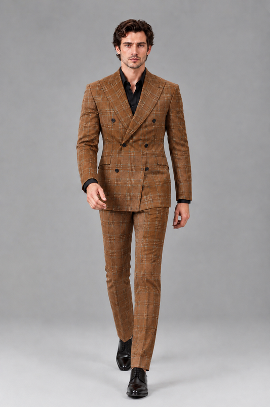 Savile Men's Rust Plaid 2-Piece Double-Breasted Suit – Peak Lapel Slim-Fit Jacket & Trousers Set - Burnt Orange - Burnt Orange