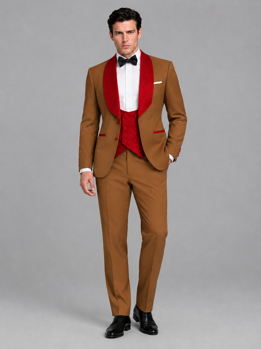 Savile Men's Burnt Orange 3-Piece Tuxedo Suit Set – Contrast Red Shawl Lapel Blazer, Red Waistcoat & Trousers - SUC020 - Burnt_Orange