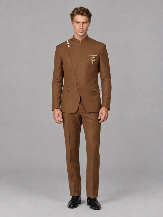 Savile Men's Burnt Orange Mandarin Collar Asymmetrical 2-Piece Suit Set – Modern Jacket & Trousers - Burnt Orange - Burnt Orange_2