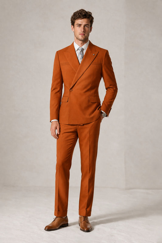 Savile Men's Burnt Orange Double-Breasted Slim Fit 2-Piece Suit Set – Peak Lapel Blazer & Cuffed Trousers | Wedding Prom Formal - Burnt Orange