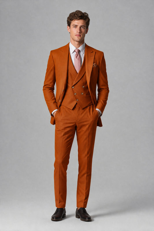 Savile Men's Dusty Burnt Orange 3-Piece Suit – Jacket, Vest & Trousers | QX0113 - Burnt Orange