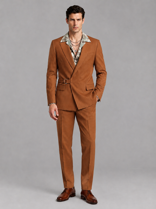 Savile Men's Burnt Orange Belted Wrap 2-Piece Suit – Peak Lapel Blazer & Tailored Trousers - SUC060 - Burnt Orange - Burnt Orange_2