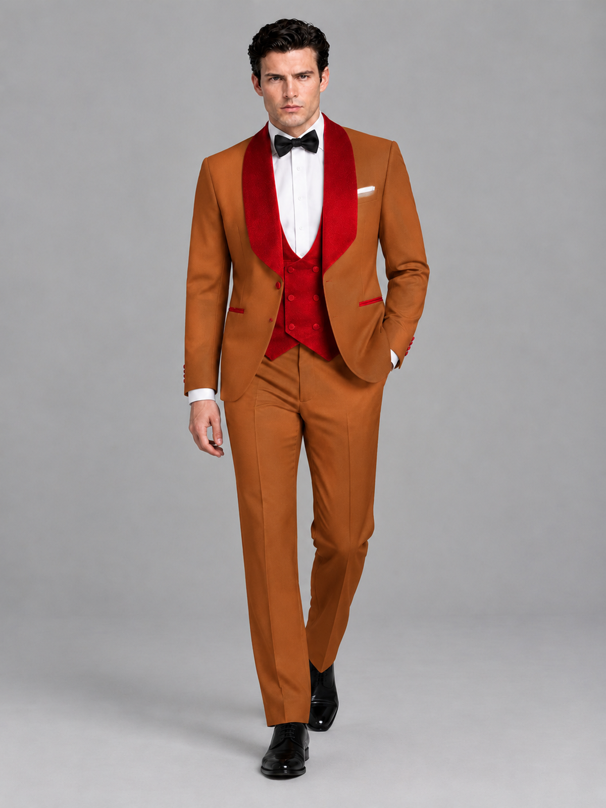 Savile Men's Burnt Orange 3-Piece Tuxedo Suit Set – Contrast Red Shawl Lapel Blazer, Red Waistcoat & Trousers - SUC020 - Burnt_Orange
