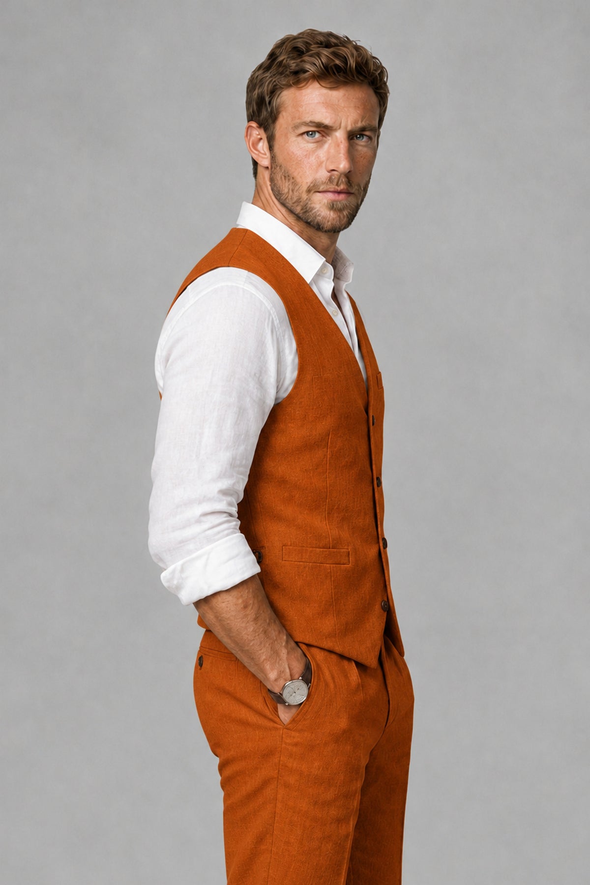 Men's Burnt Orange Linen Blend Single-Breasted V-Neck Suit Vest | Savile QX0101 - Burnt Orange