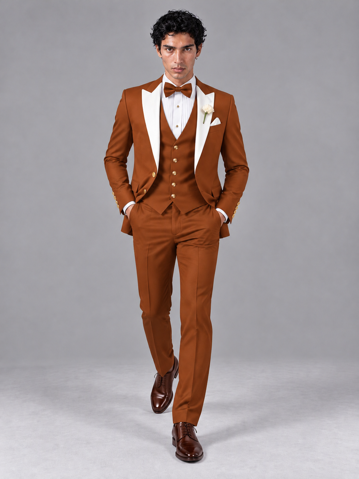 Savile Men's Burnt Orange Contrast White Peak Lapel 3-Piece Tuxedo Suit - Burnt_Orange