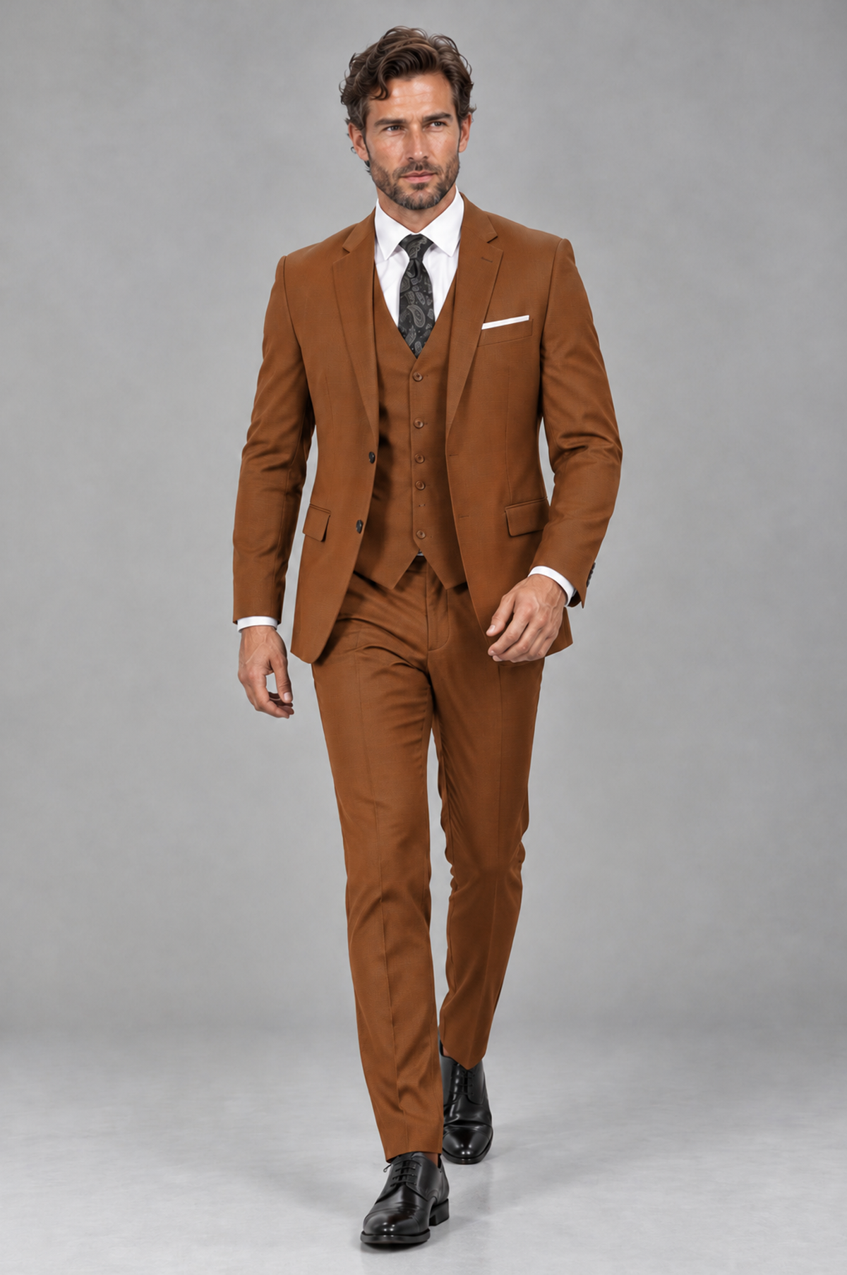 Savile Men's Burnt Orange 3-Piece Suit Set – Notch Lapel Blazer, Vest & Trousers - Burnt Orange - Burnt_Orange_4