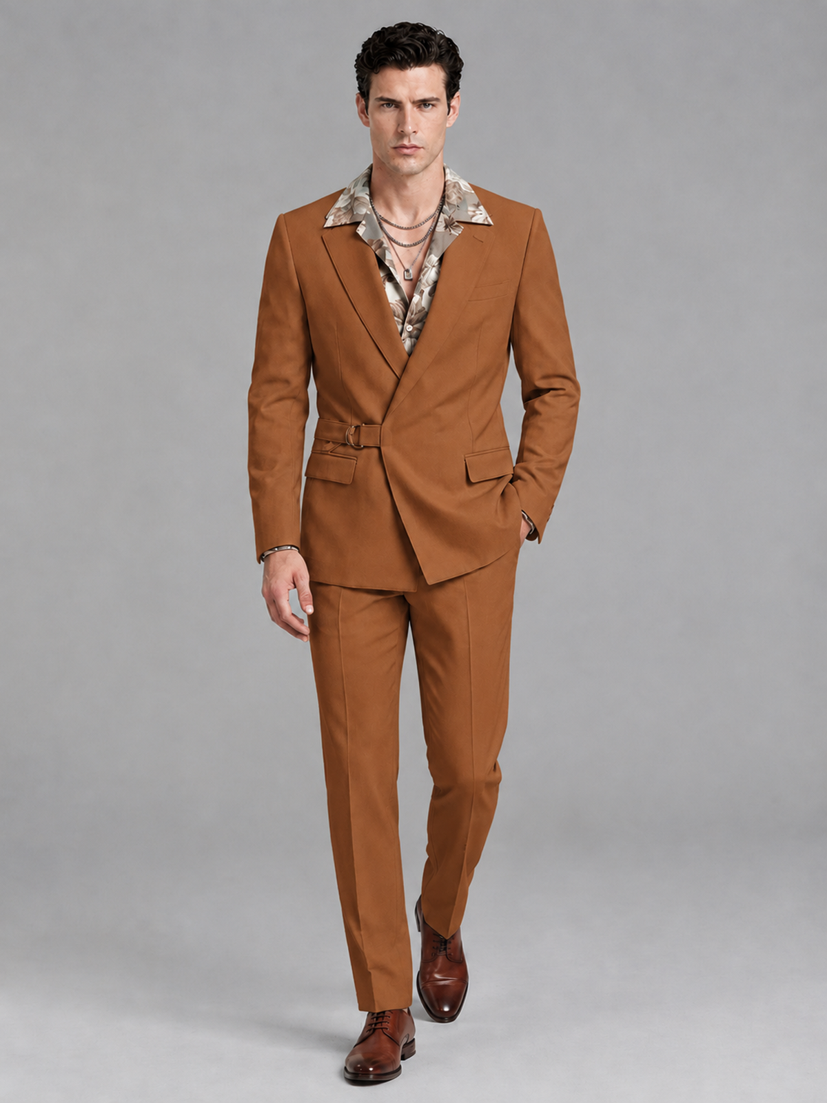 Savile Men's Burnt Orange Belted Wrap 2-Piece Suit – Peak Lapel Blazer & Tailored Trousers - SUC060 - Burnt Orange - Burnt Orange_4