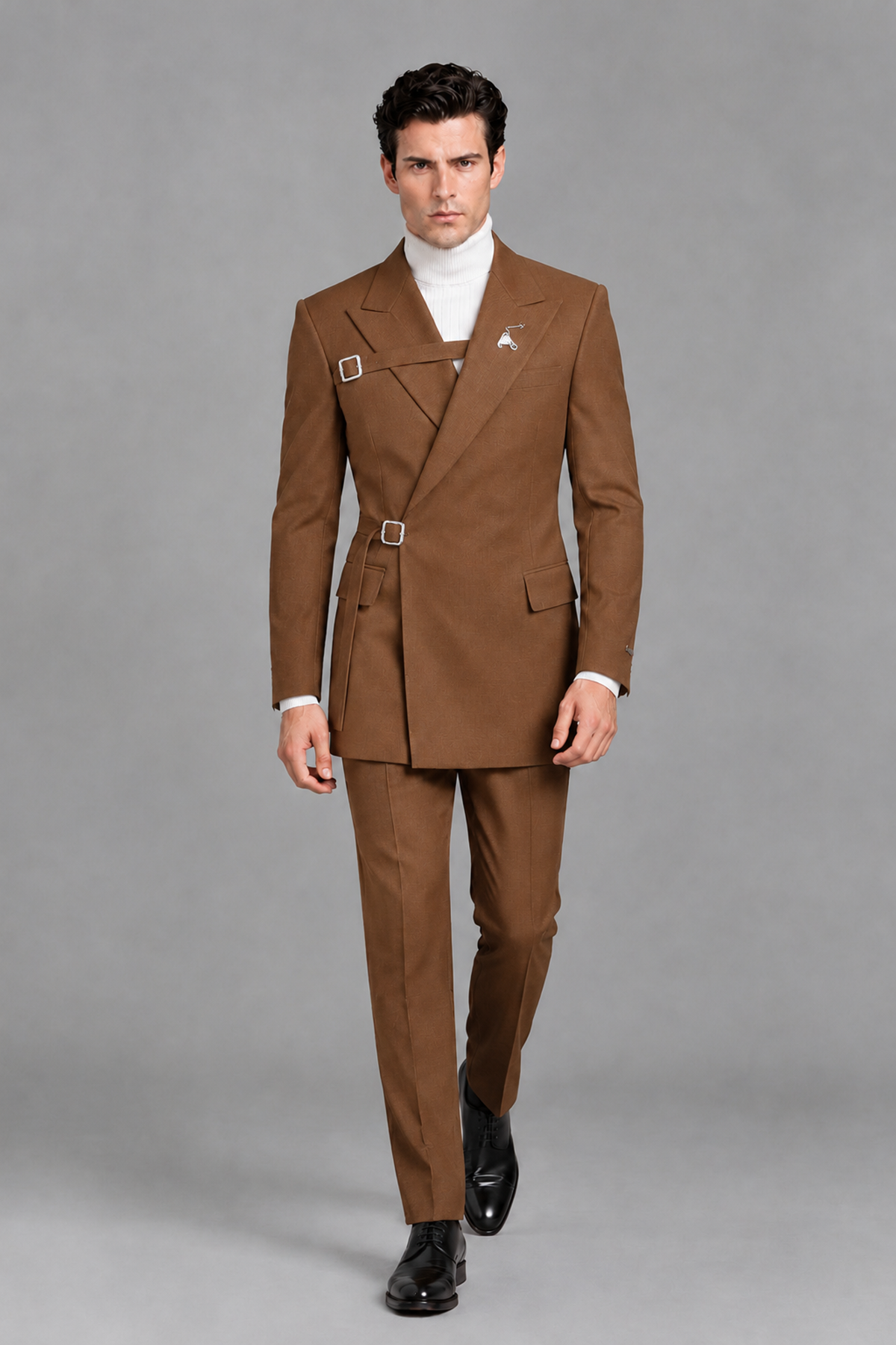 Savile Men's Burnt Orange Double Buckle Wrap Belted 2-Piece Suit Set – Peak Lapel Slim-Fit Jacket & Trousers - Burnt Orange - Burnt Orange_5