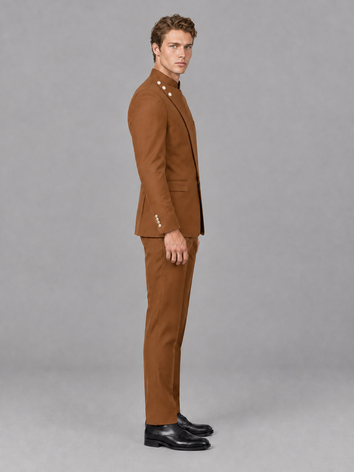 Savile Men's Burnt Orange Mandarin Collar Asymmetrical 2-Piece Suit Set – Modern Jacket & Trousers - Burnt Orange - Burnt Orange_5