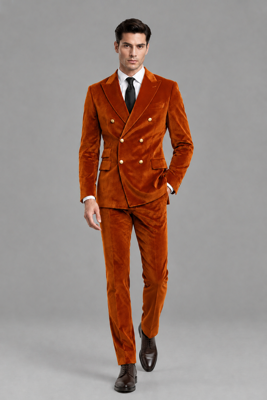 Savile Men's Burnt Orange Velvet Double-Breasted 2-Piece Suit Set | Peak Lapel Blazer & Trousers - Burnt Orange