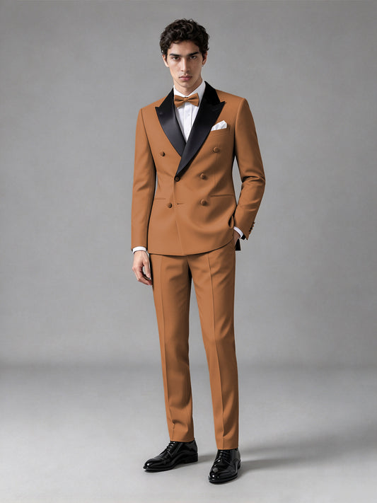 Men's Burnt Orange Double-Breasted Satin Peak Lapel Tuxedo Suit Set (Jacket + Trousers) - Burnt Orange