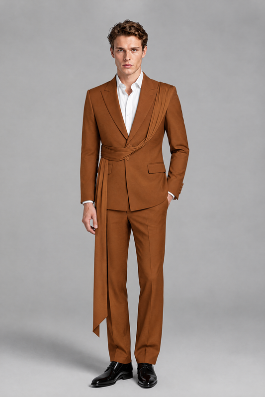 Men's Burnt Orange Draped Sash Suit – Peak Lapel 2-Piece Slim Fit Party, Gala & Wedding Set - Burnt Orange