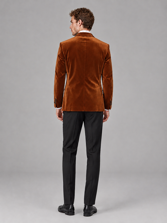 Savile Men's Burnt Orange Velvet Peak Lapel 2-Piece Tuxedo Suit Set | Jacket & Trousers - Burnt Orange