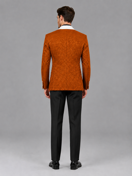 Savile Men's Burnt Orange Jacquard White Shawl Lapel 2-Piece Tuxedo Suit Set | Jacket & Trousers - Burnt Orange - Burnt Orange (2)