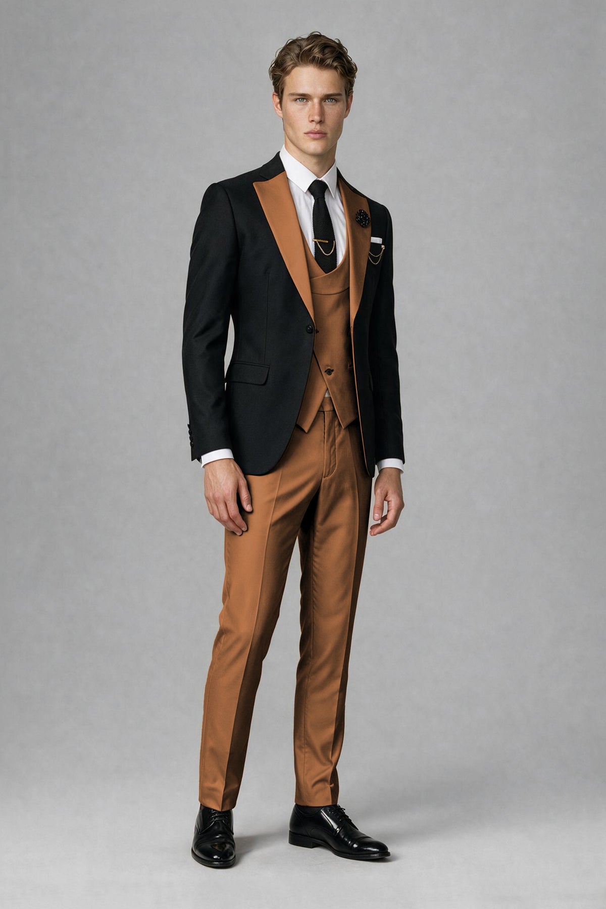 Savile Men's Black & Burnt Orange Three-Piece Wedding Suit - Burnt Orange