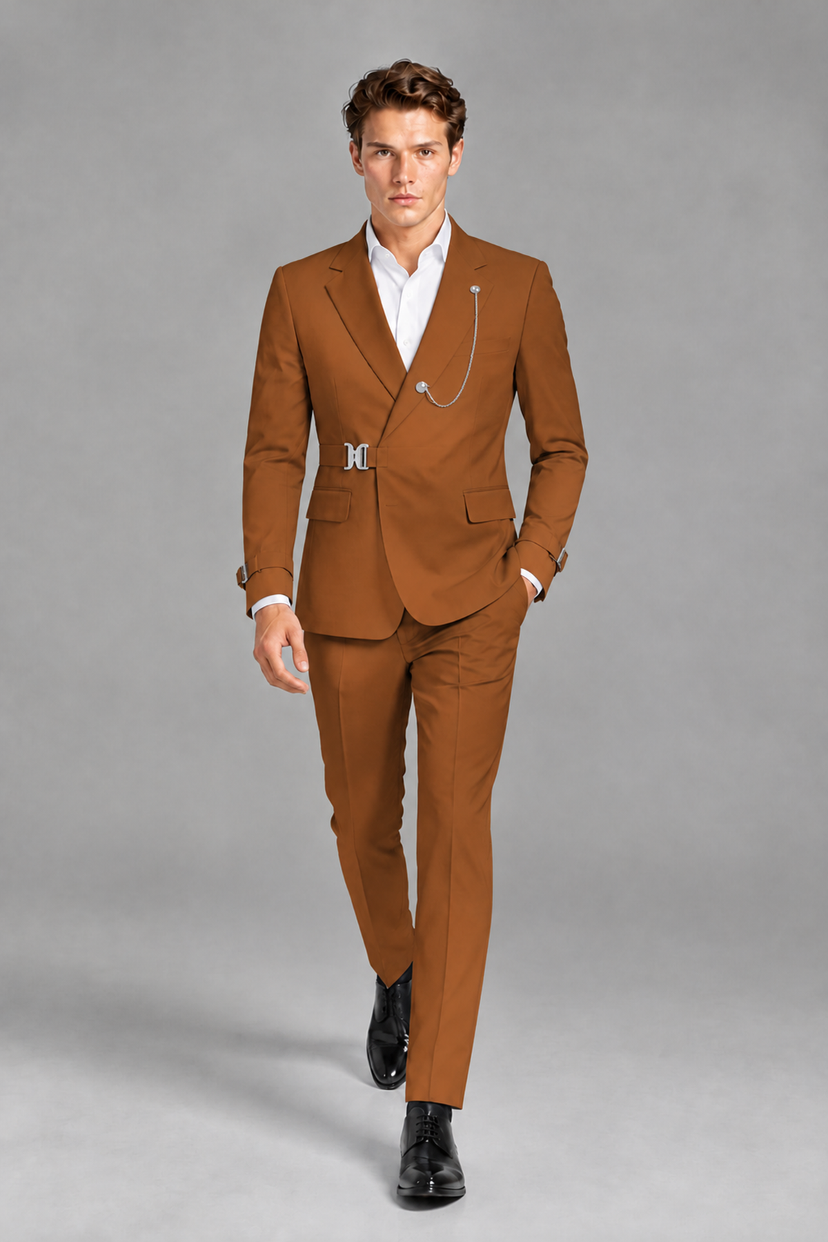 Savile Men's Burnt Orange Buckle-Closure 2-Piece Suit Set | Peak Lapel Blazer & Trousers - Burnt Orange