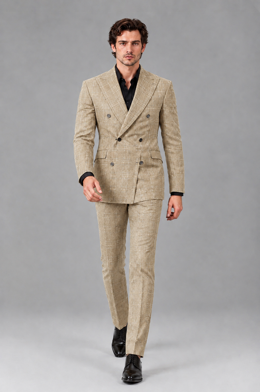 Savile Men's Rust Plaid 2-Piece Double-Breasted Suit – Peak Lapel Slim-Fit Jacket & Trousers Set - Champagne - Champagne