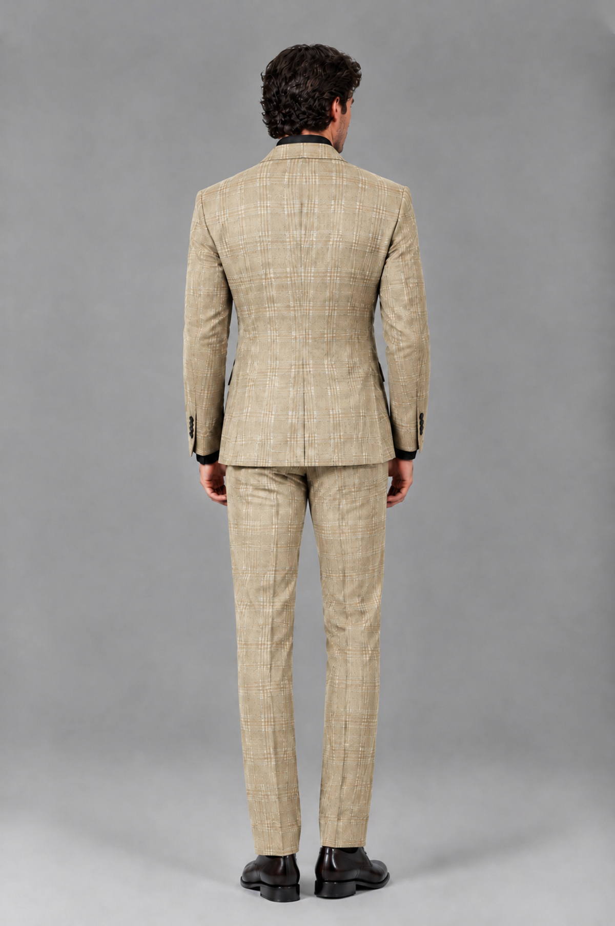 Savile Men's Rust Plaid 2-Piece Double-Breasted Suit – Peak Lapel Slim-Fit Jacket & Trousers Set - Champagne - Champagne