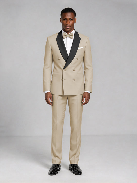 Men's Champagne Double-Breasted Tuxedo Suit – Satin Shawl Lapel Champagne-Tie Wedding & Gala 2-Piece Set - Champagne