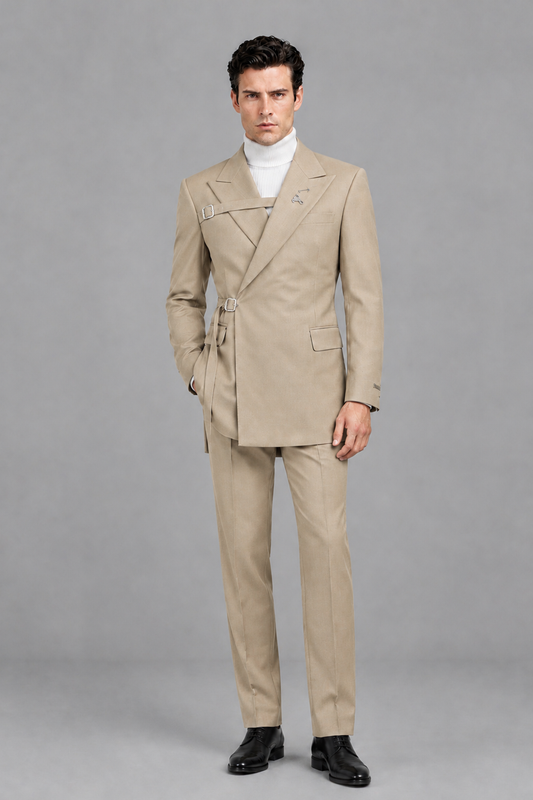 Savile Men's Champagne Double Buckle Wrap Belted 2-Piece Suit Set – Peak Lapel Slim-Fit Jacket & Trousers - Champagne - Champagne_2